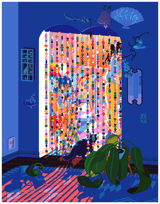 Colorful abstract art piece with a large curtain in a room setting.